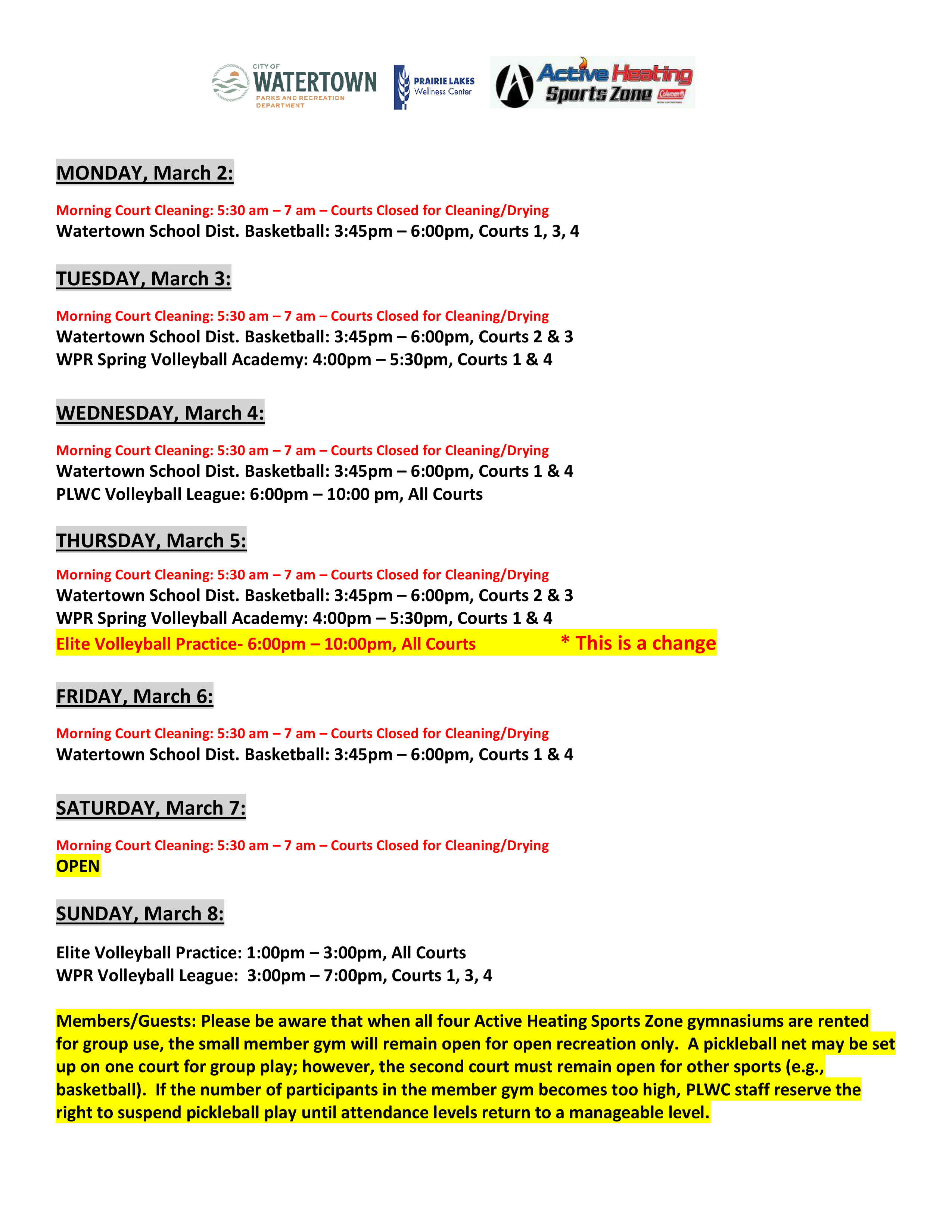 Sports Zone Calendar March 2, 2026 CHANGES